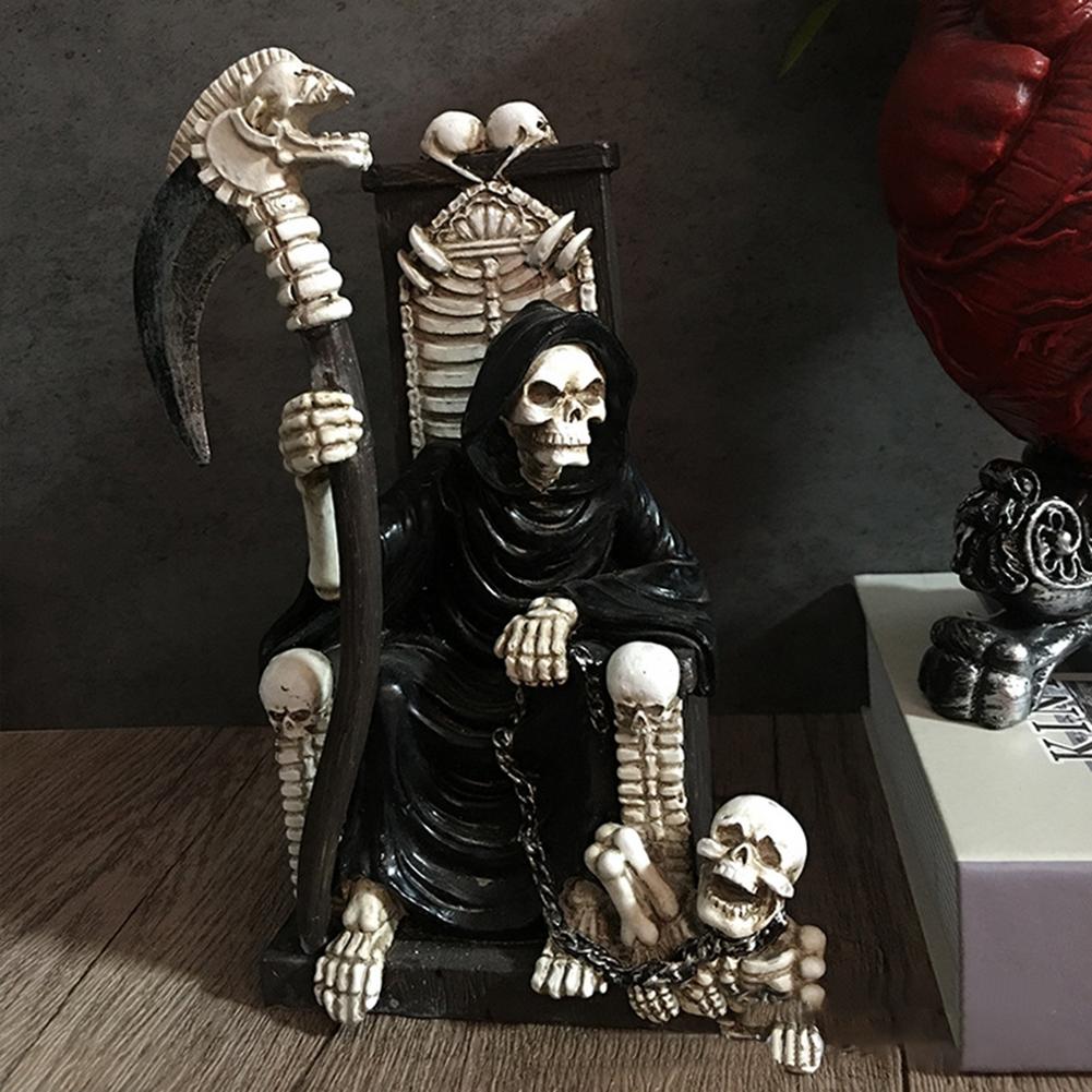Evil Grim Reaper Statue Reaper On Bone Throne Statue With Scythe For Halloween Spooky Gothic Decoration Sculptures Fantasy Decor