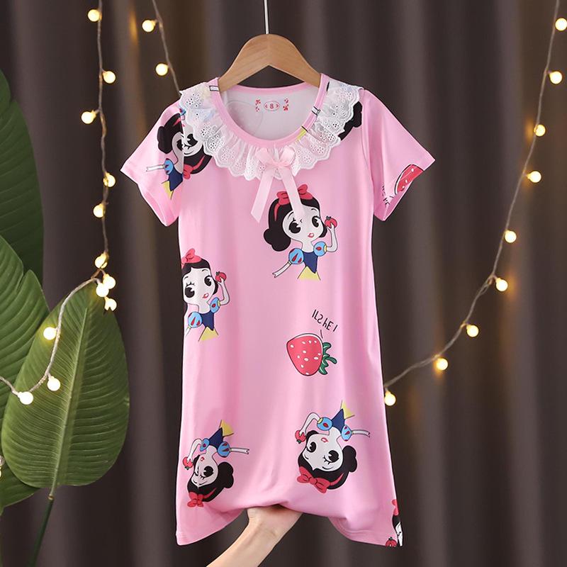 Girls' Summer Princess Lace Pajamas - Frozen Cartoon Nightgown with Short Sleeves KPOP Style Homewear