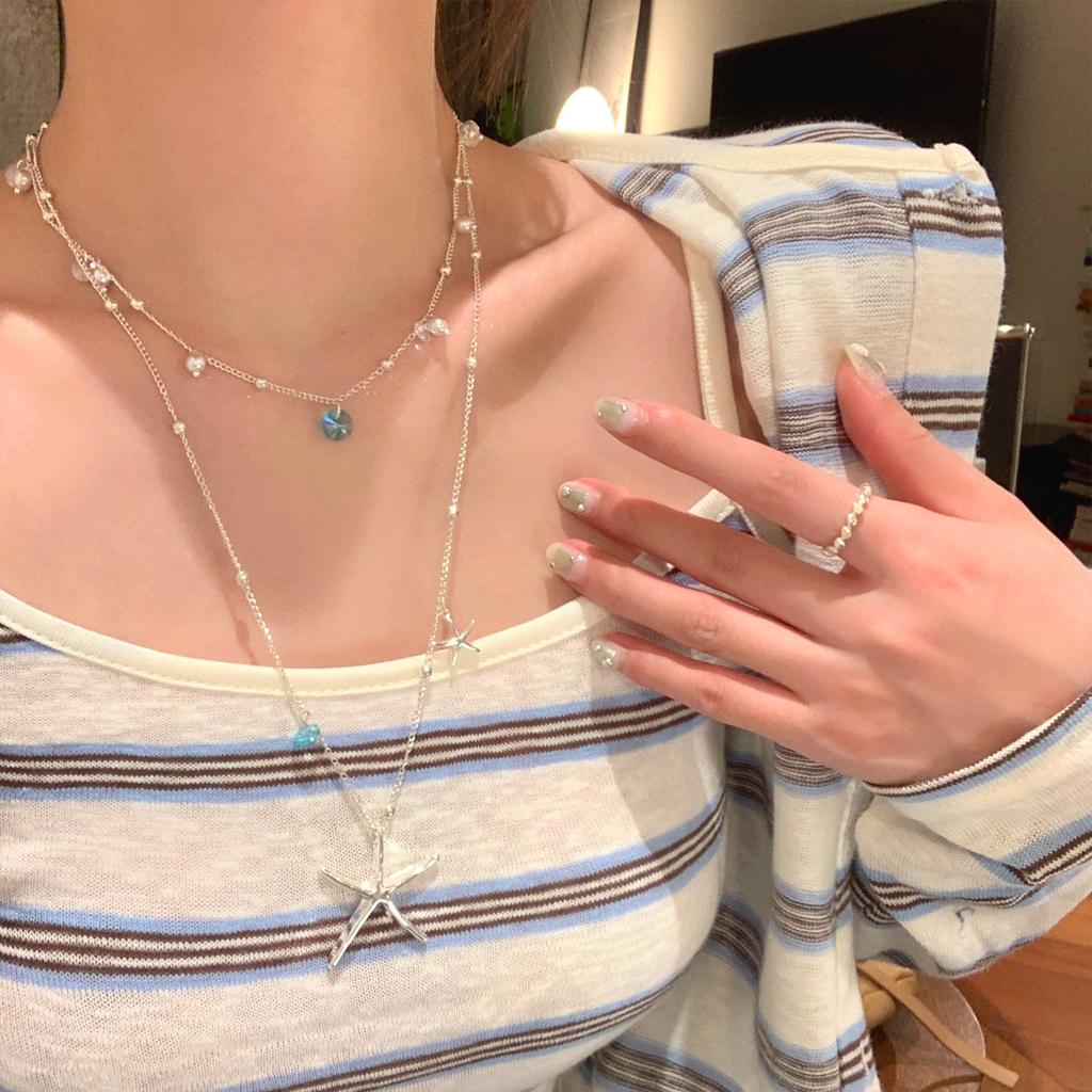 Blue Zircon Starfish Layered Necklace for Women, Summer Seaside Long Clavicle Chain Fashion Beach Jewelry