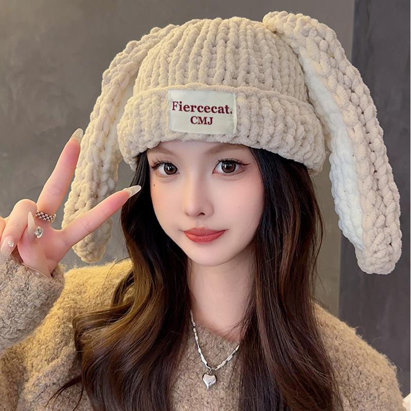 Korean Cute Long Rabbit Ears Thick Woolen Hat for Women In Autumn and Winter New Thickened Warm Ear Protection Pure Handmade Knit Hat