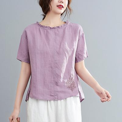 Summer Casual Loose Pure Color Cotton and Linen Embroidered Flower Top Round Neck Short Sleeve Women’s T-Shirts