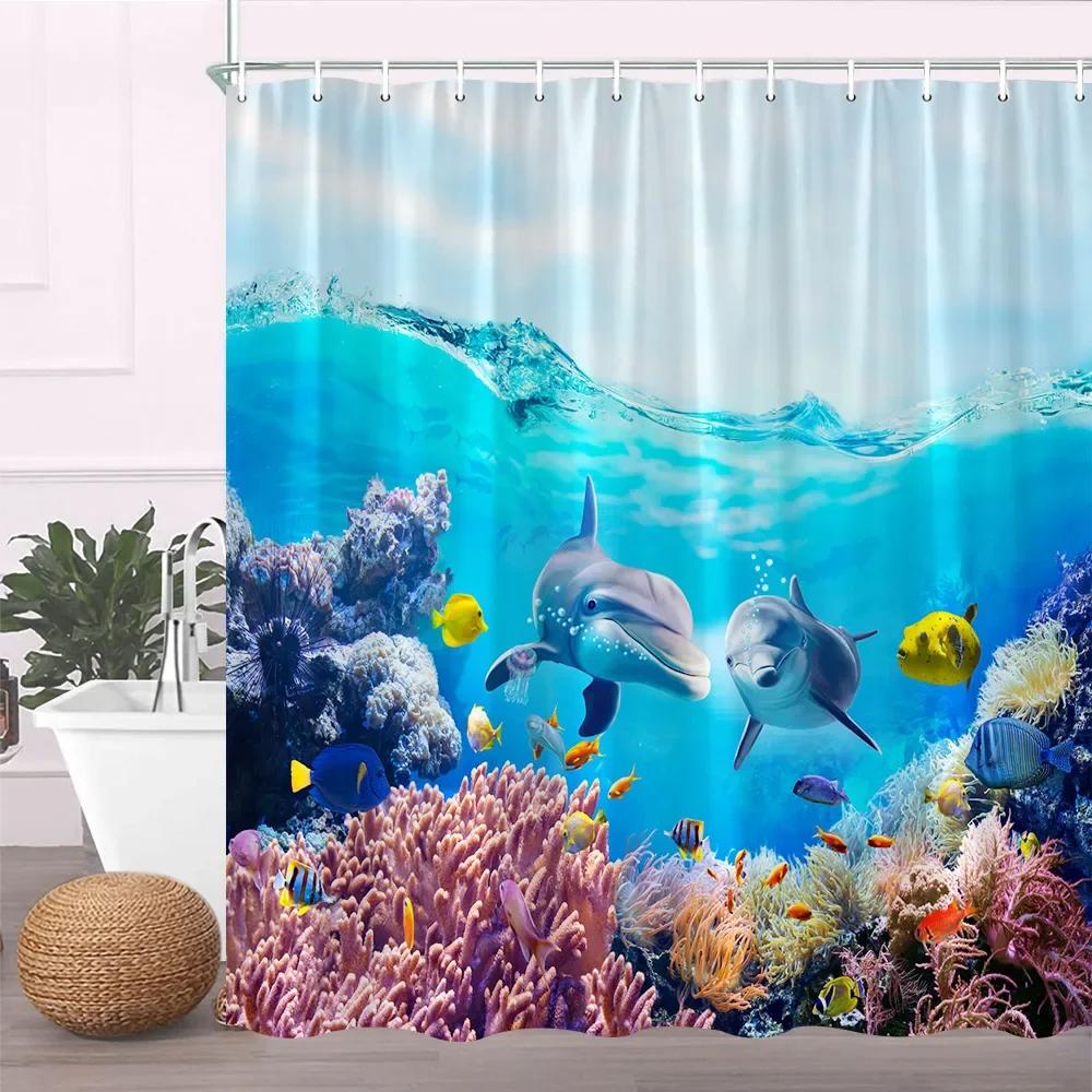 Ocean Duschvorhang Blau Duschvorhänge für Badezimmer Meerestier Polyester Unterwasserlandschaft Badezimmervorhang Set mit Haken