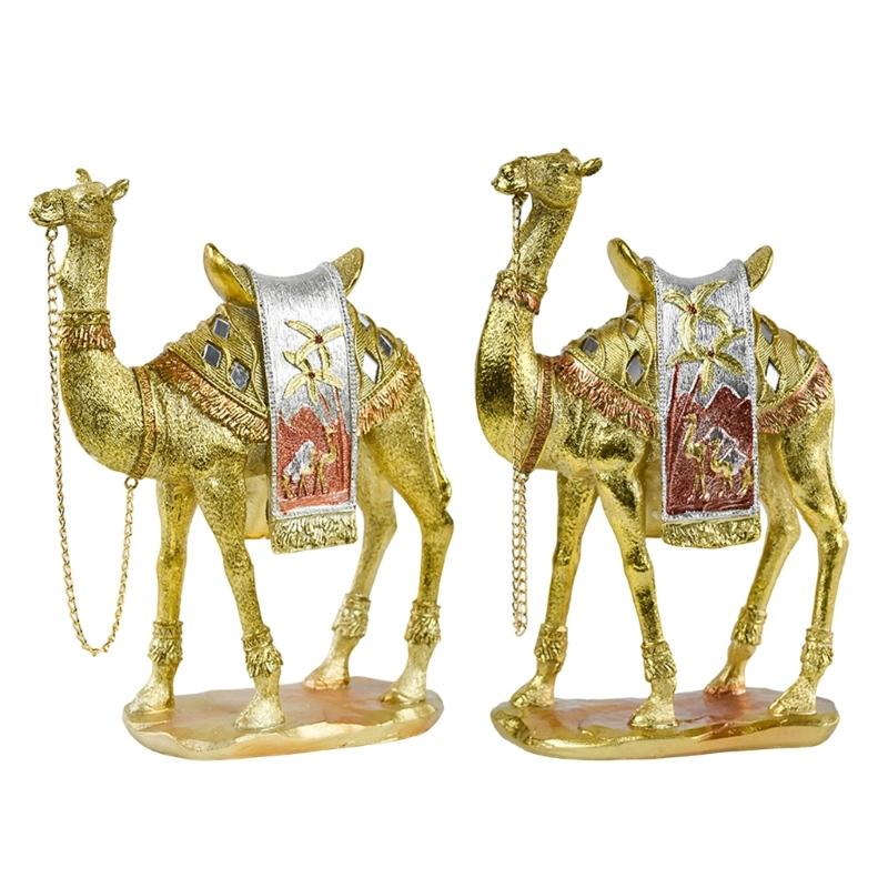 Artistic Camels Sculpture Resins Middle Eastern Ornament Gold Desert Animal Figurine for Living Room and Office Display