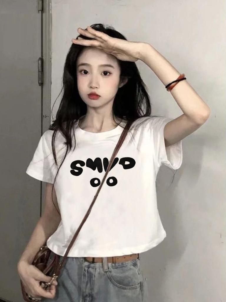 Pure cotton small man black shoulder short-sleeved shirt women's summer new loose and thin design short top