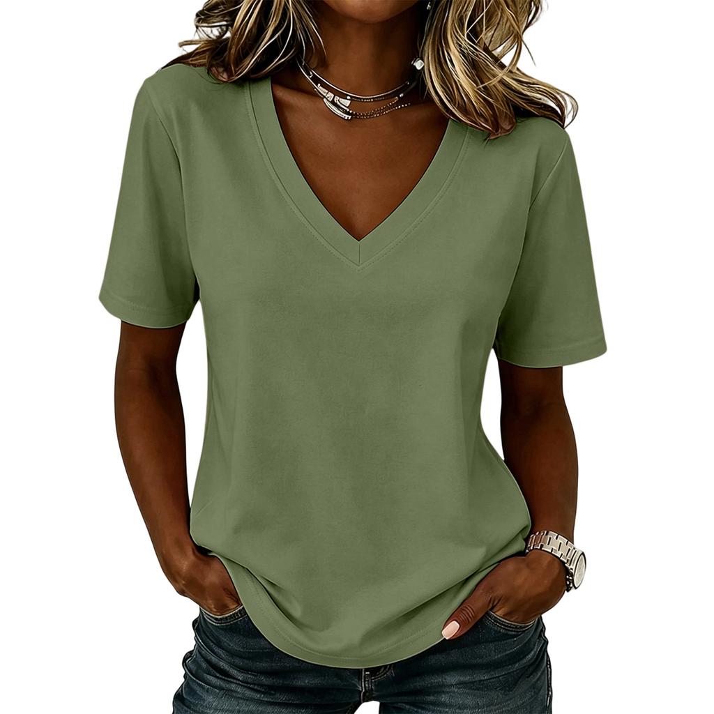 Camiseta Básica de Manga Curta com Gola V Casual Feminina Top Liso Confortável Caimento Solto Tecido Leve e Macio