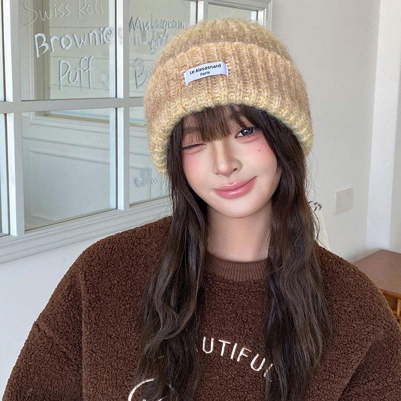 ins pink gradient wool hat women's autumn and winter versatile face small pullover hat ear protector knitted hat tide