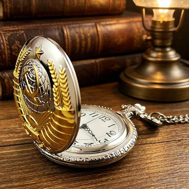 Soviet Retro Hammer & Sickle Men's Quartz Pocket Watch with Wheat Ear Emblem
