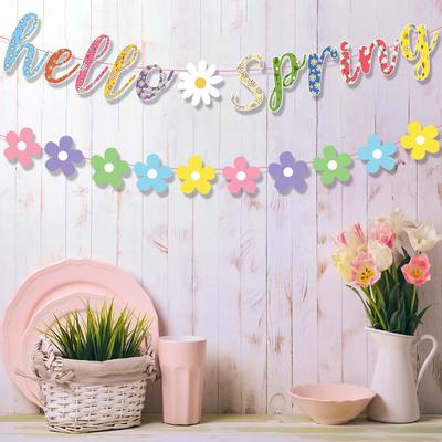 Hello Spring Banner Colorful Spring Decorations with Pom Pom Garland for Home, Office, Classroom, and Spring Party Decor