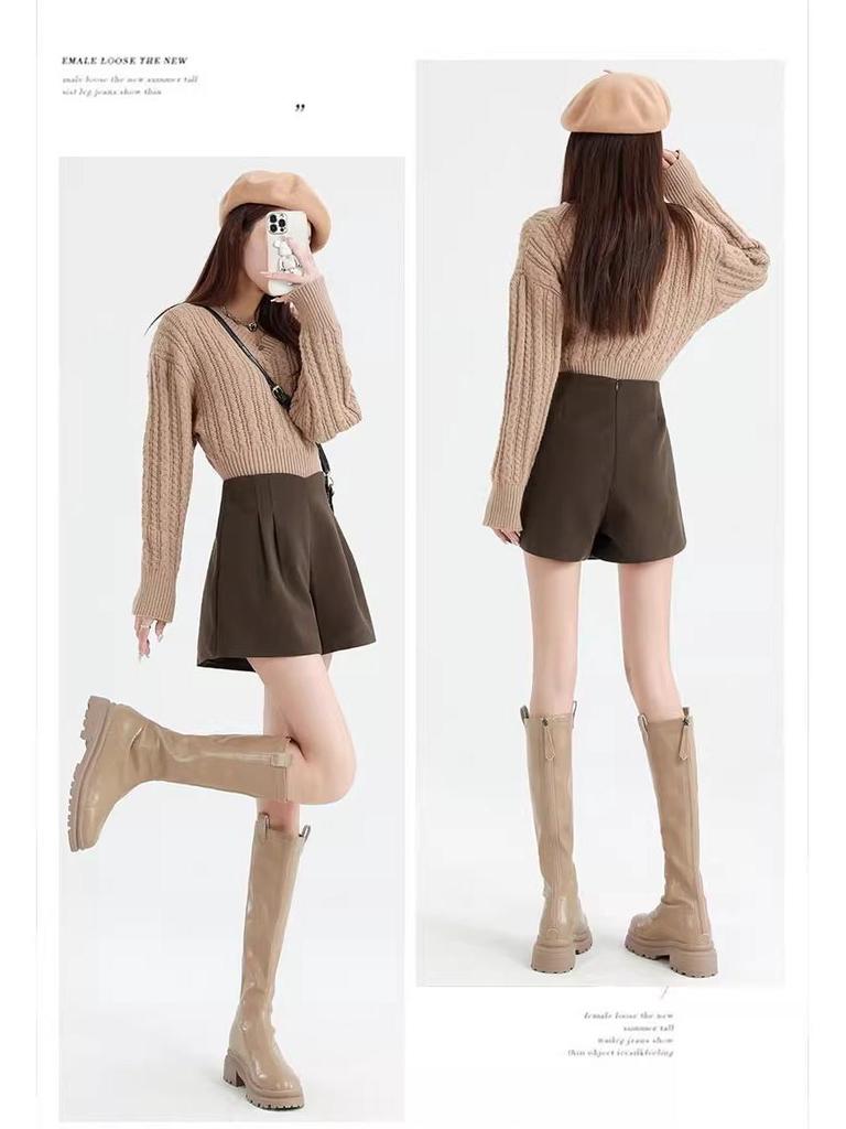 Women's High-Waist A-Line Black Wool Shorts - Autumn/Winter Loose Wide-Leg Booty Shorts, Thin Apricot