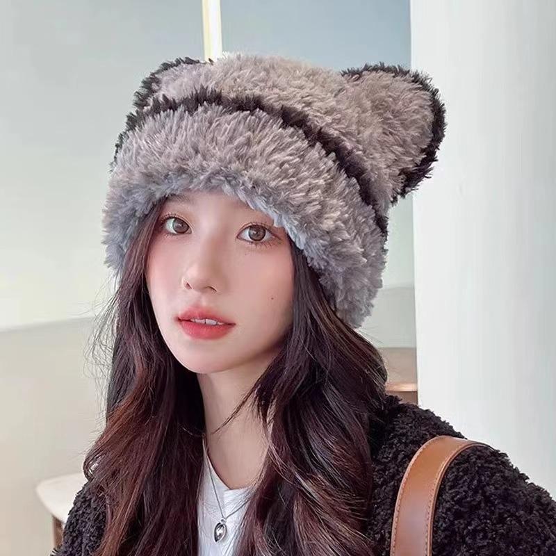 Big head circumference plush hat women's autumn and winter thickened warm stripes contrasting color knitted hat cute bear ears wool hat