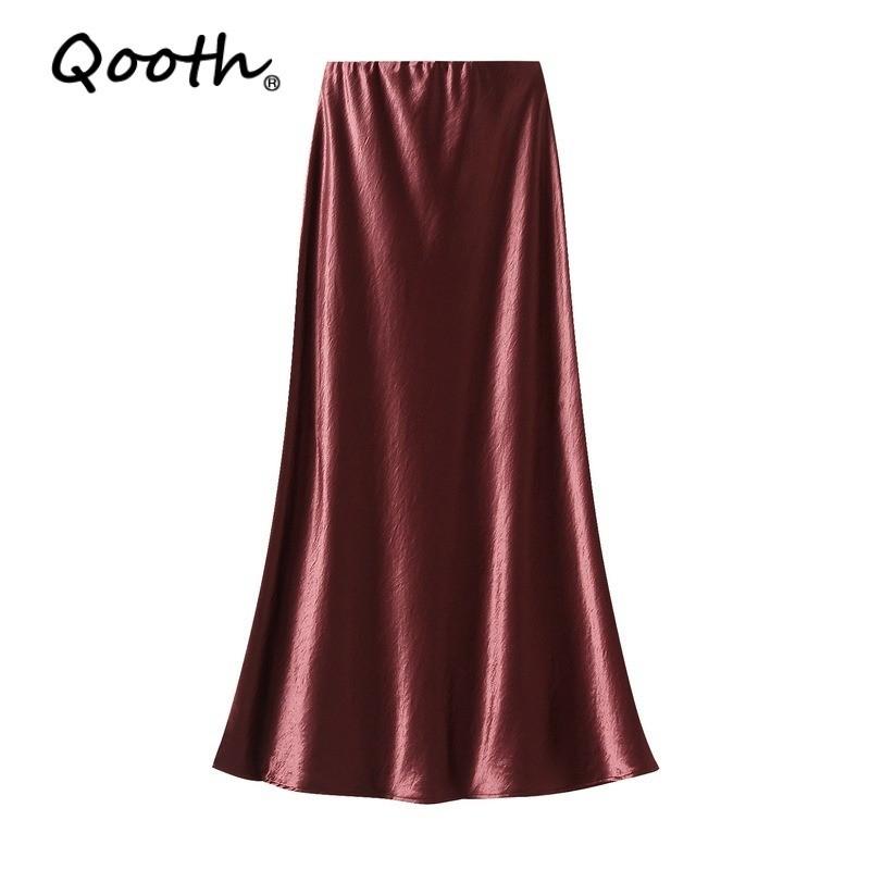 Qooth Elegant Women Satin Fishtail Skirt Maxi Length Bodycon Slim Elastic Waist Skirt QT2762