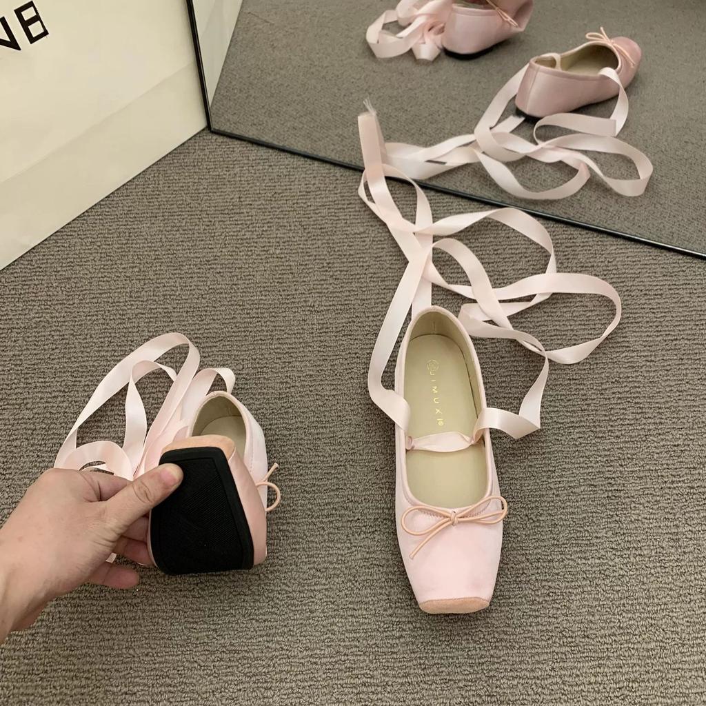 Lace Tie Leg Satin Silk Ballet Flats Women Square Toe Bowknot Elastic Ballerinas Ladies Wedding Floral Shoes
