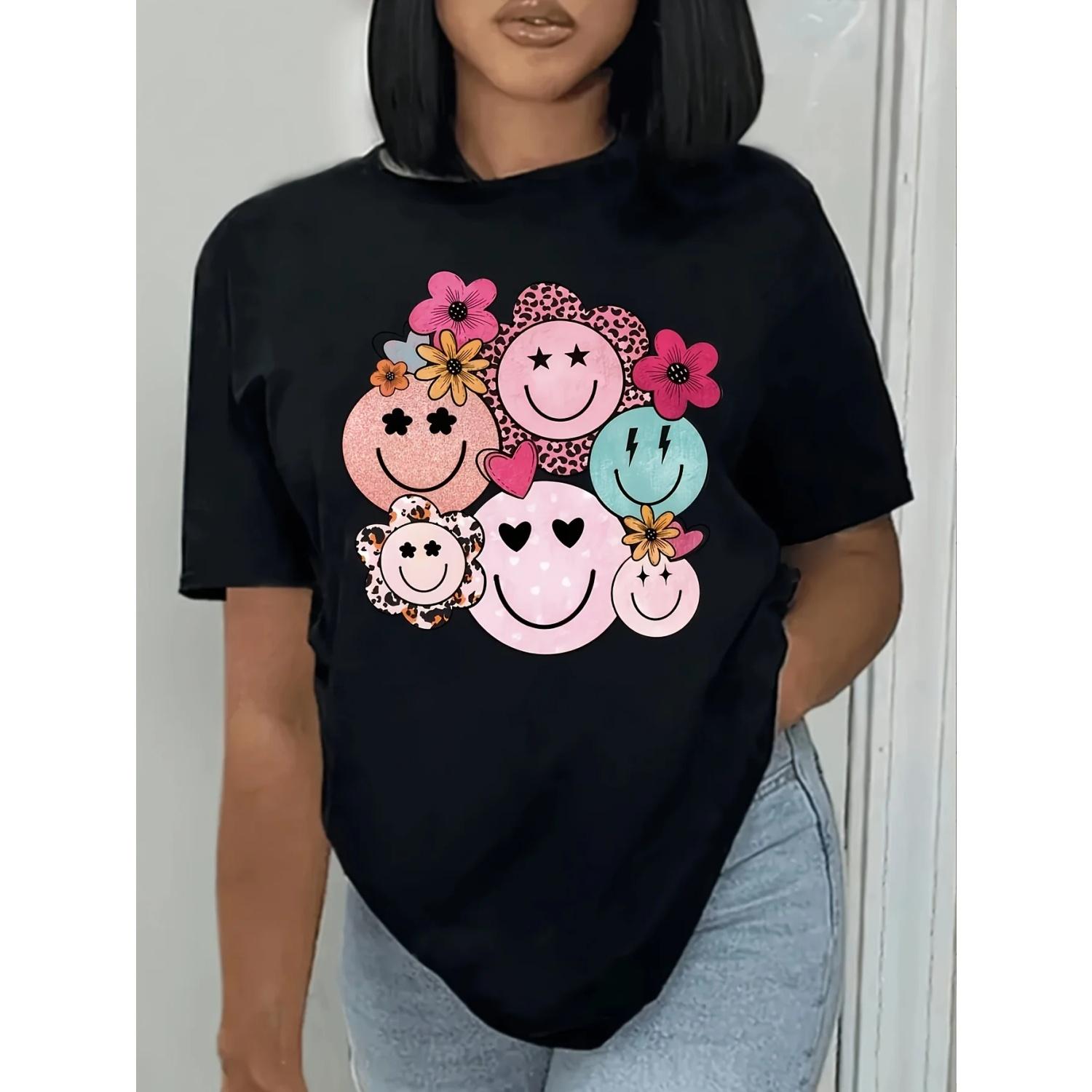 Smiling Face Print Short Sleeve T-shirt Casual Crew Neck Top For Spring Summer Women s Clothing S чёрный