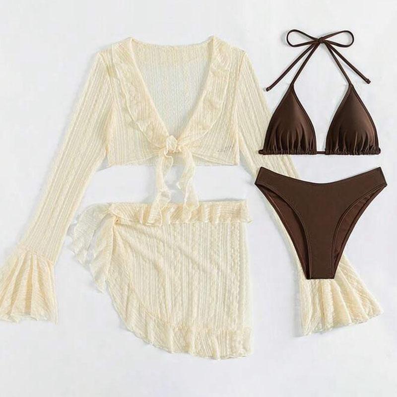 2025 Sexy Four-piece Women Swimsuit Long-sleeve Cover-up Swimwear Summer Solid Bikini Set Brazilian Beachwear Party Bathing Suit