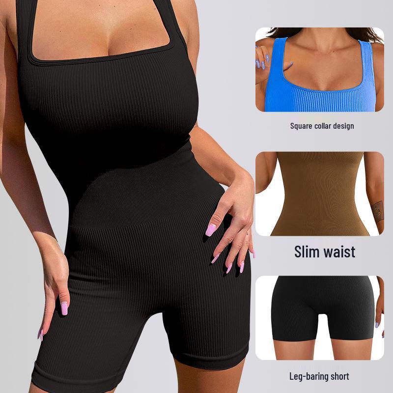 Seamless Ribbed Yoga Bodysuit with Removable Pads and Tight Shorts