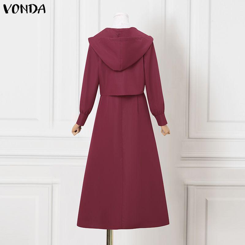 VONDA 2PCS Women Long Sleeve Hooded Tops and Sleeveless Skirts Casual Two Piece Suit Sets