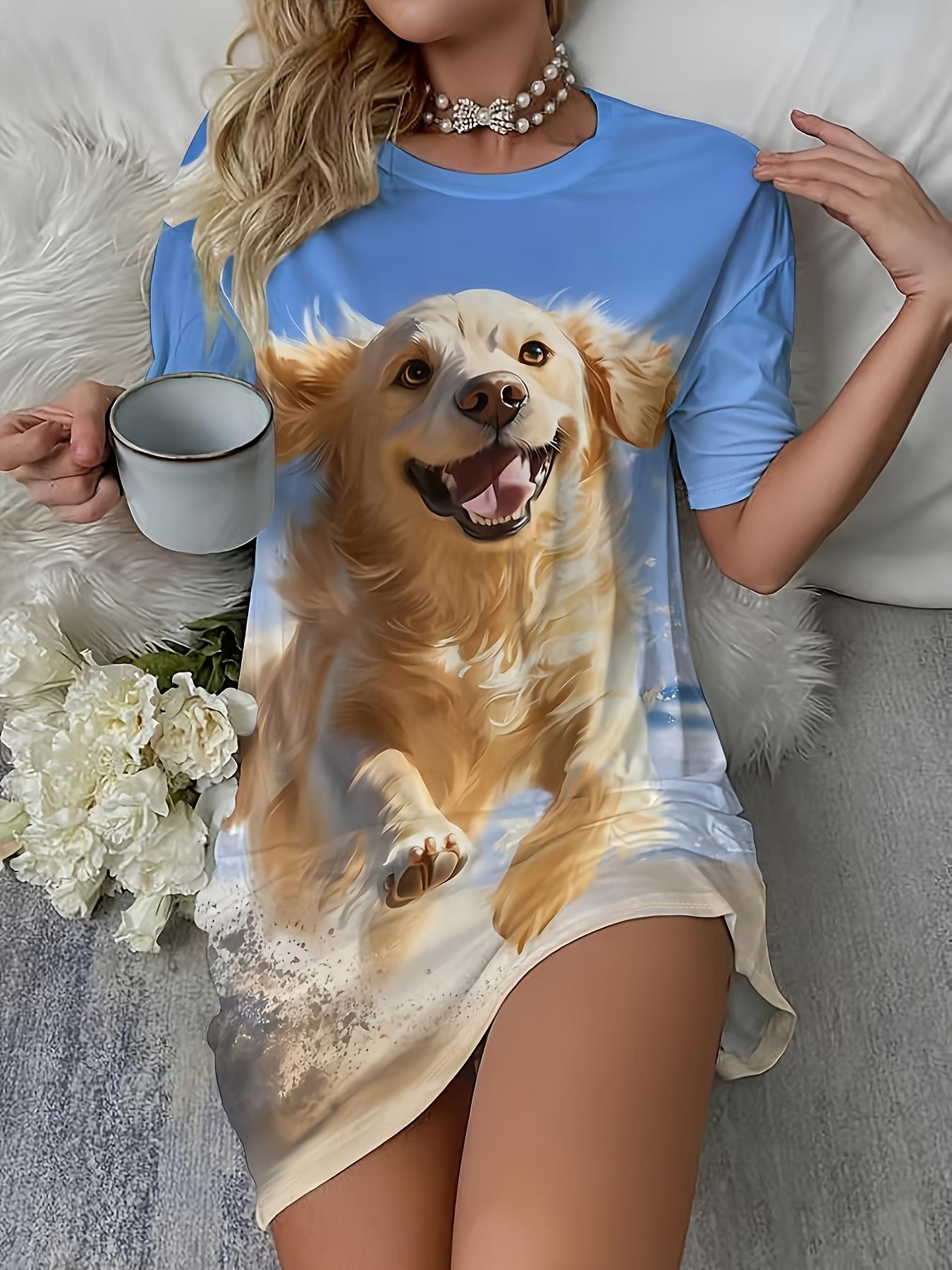 Women s Golden Retriever Pajama Dress - Short Sleeve Dress with Golden Retriever Puppy ; Adult Dog Print. Soft Machine-Washable All-Season Sleepwear. XS