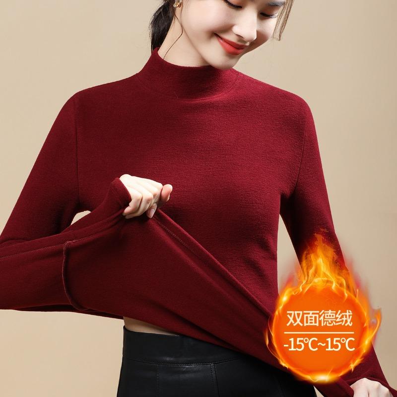 Double-sided German velvet bottoming shirt for women's winter velvet and thickened new large-size medium-neck autumn and winter thermal underwear