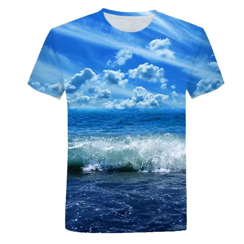 3D Printed Seaside Scenery T-Shirt Men Ocean Beach Pattern Tees Summer Harajuku Loose Round Neck Tops Short Sleeves T Shirts