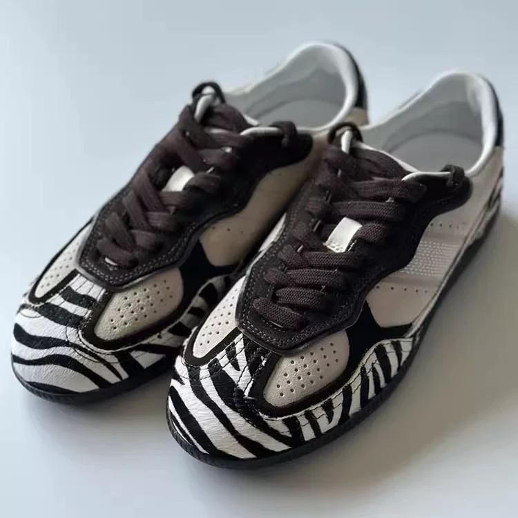 Sheepskin Version~ Zebra Pattern Niche Suede German Training Women's Round Head Lace-up Flat Bottom Color Matching Casual Sports Forrest Gump Shoes