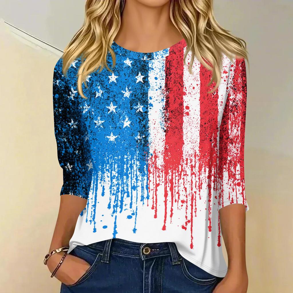 Women's fashionable casual round neck three-quarter sleeve Independence Day printed T-shirt top