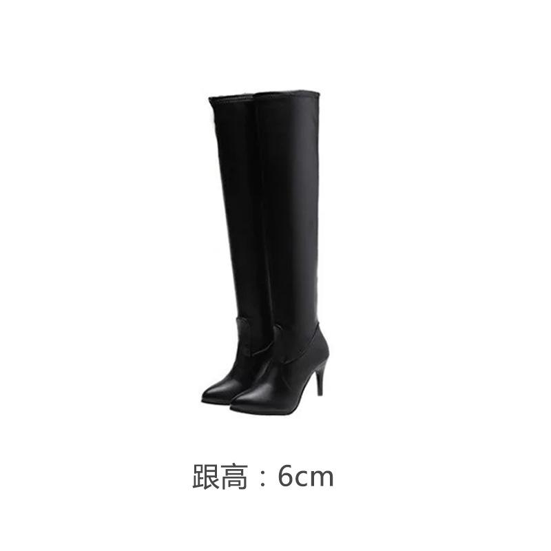 Women's Leather High Boots Autumn Winter Sexy Thin High Heels Black Over The Knee Boots Pointed Plush Warm Long Botas Femininas