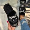 Women's Slip-On Winter Slippers with Rhinestone Bow Plush Faux Fur-Like Collar