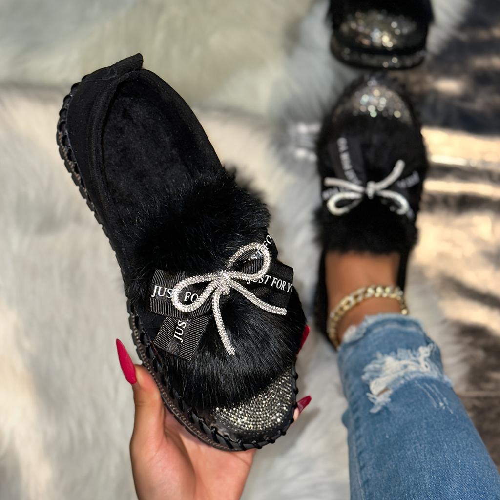 Women's Slip-On Winter Slippers with Rhinestone Bow Plush Faux Fur-Like Collar