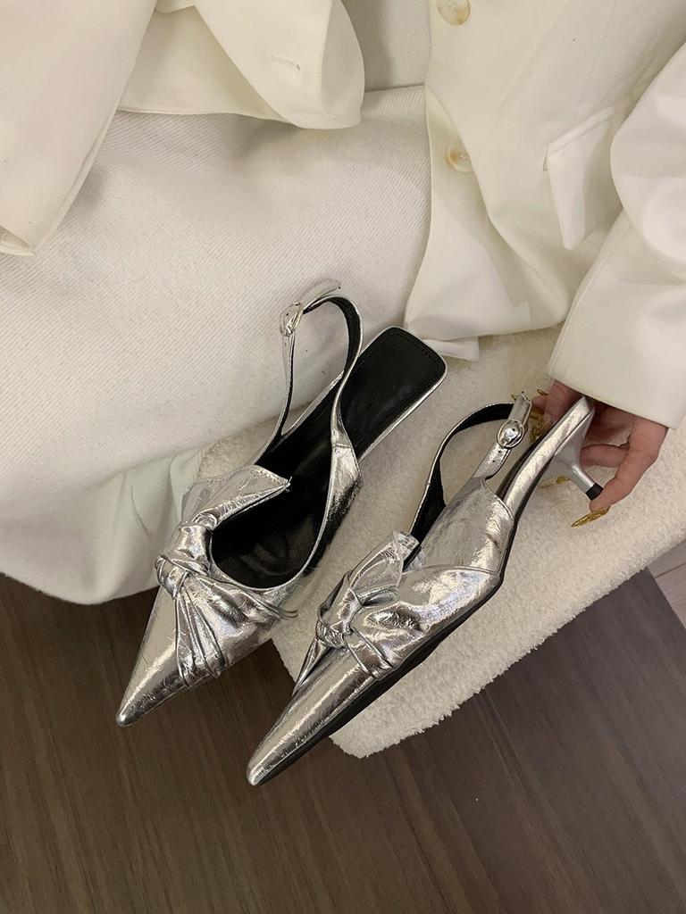 Silver kitten and high heels women's shoes 2025 new spring temperament with skirt pointed empty single shoes