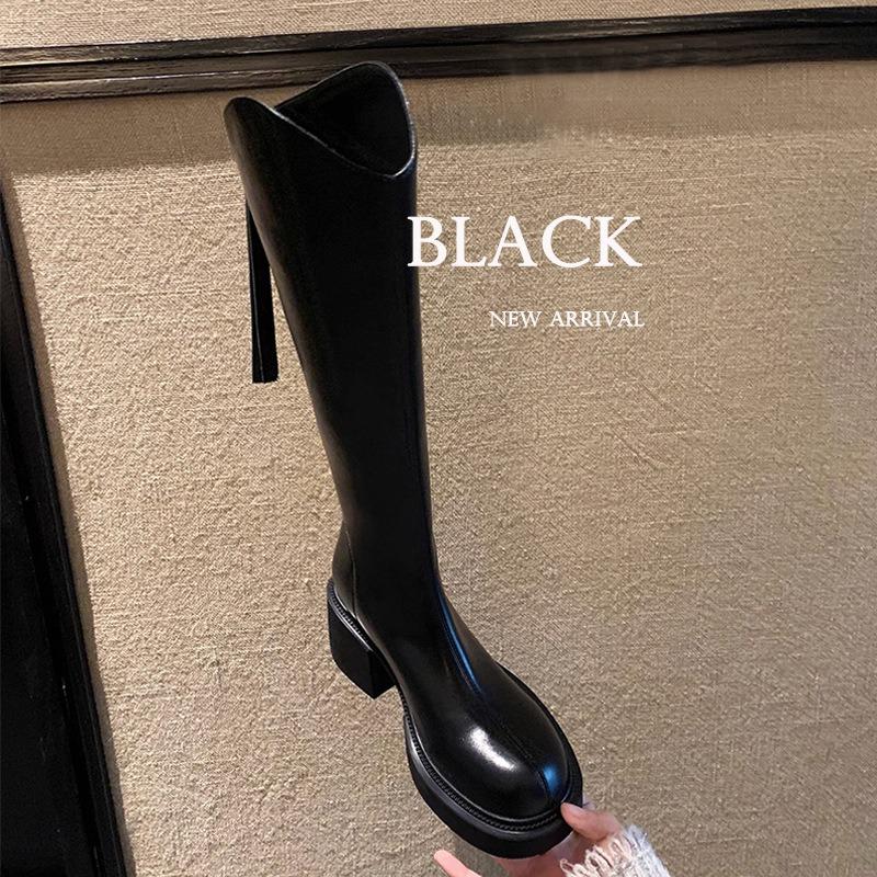 Black V-mouth Women's Long Boots Round Head 7CM Square Heel Heightening Knee-High Boots Fashion Sewing Rear Zipper Women Shoes