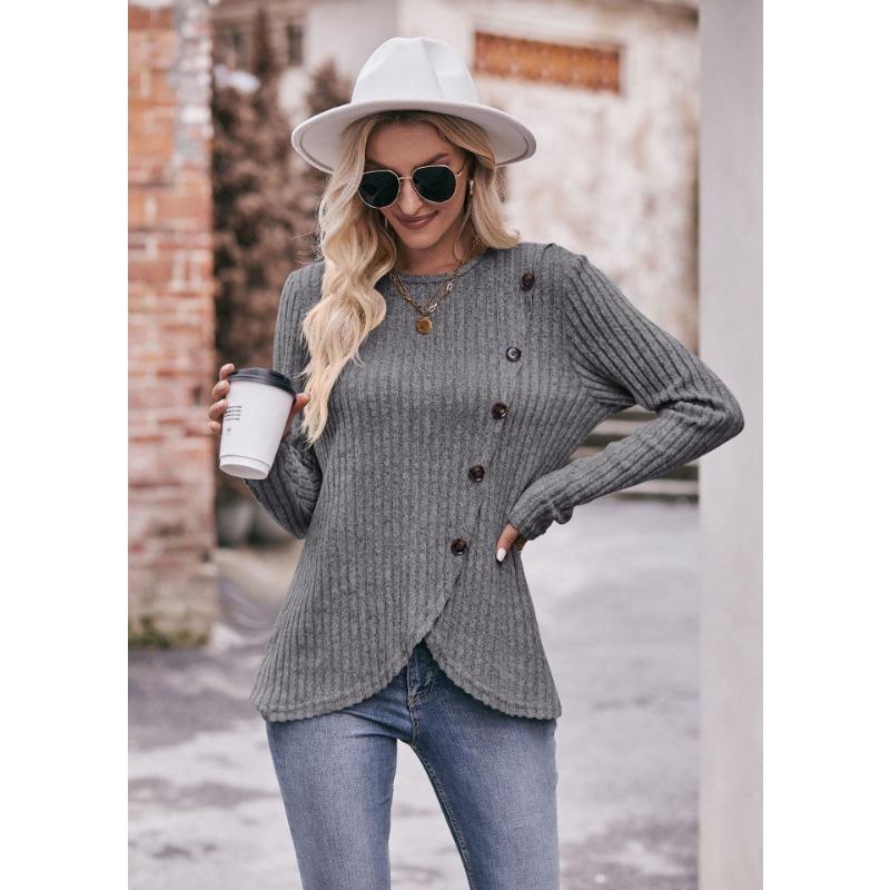 YYFS Damenmode, lässig, Frühling, Herbst, einfarbig, bedruckt, langärmelig, O-Ausschnitt, Blusen und Hemden