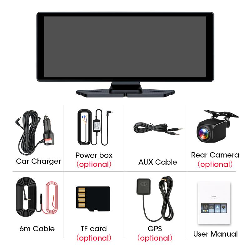 10.26" 4K Dash Cam ADAS Wireless Carplay & Android Auto Car Dvr 360 ° Rotation Dual Lens Dashboard Video Recorder 24h Park AUX