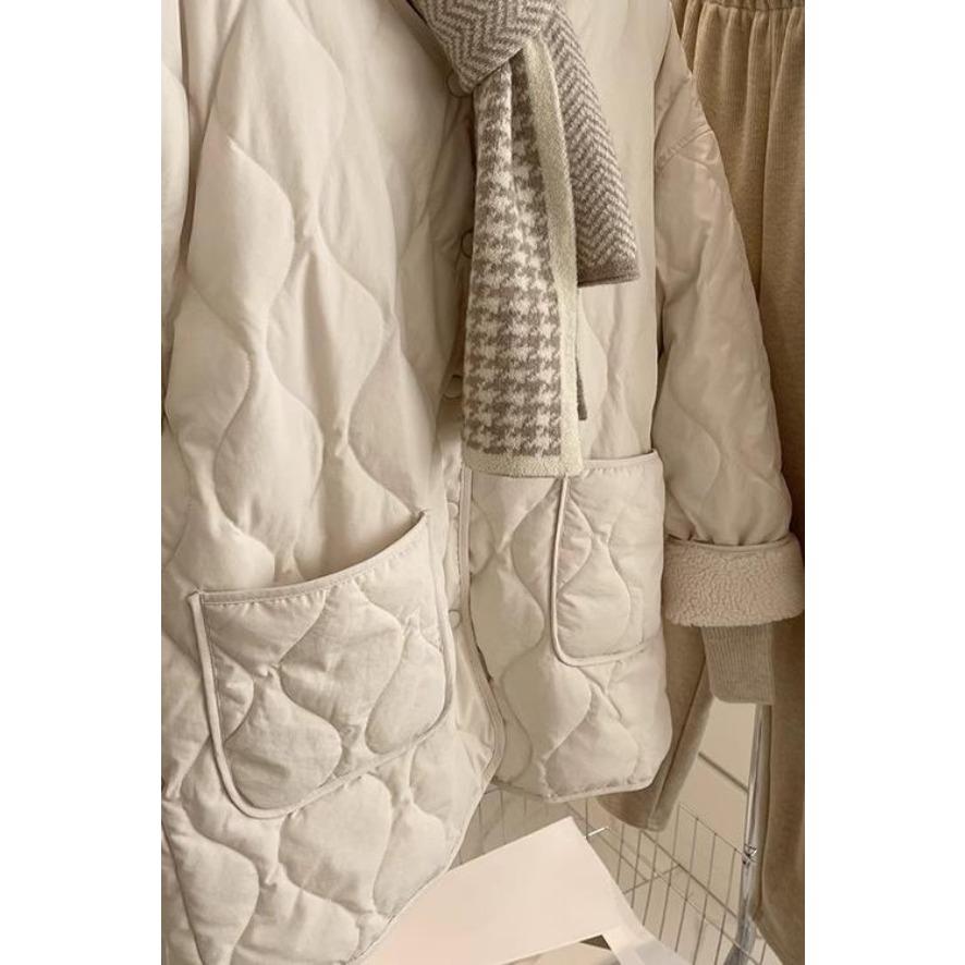 Collarless lamb wool lightweight ins winter cotton coat Korean style loose small fragrant style rhombus warm small cotton coat for women