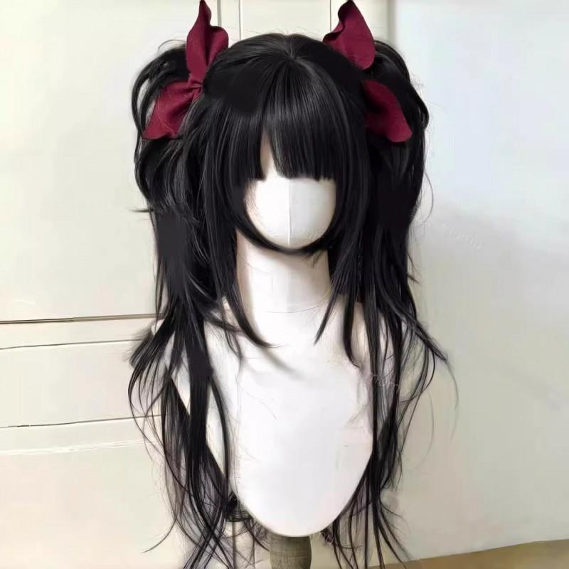 Lolita Wig With High Layered Long Wavy Hair Twin Ponytail Clip-on Set Silk Base Cap Heat Resistant Synthetic Fiber Cosplay