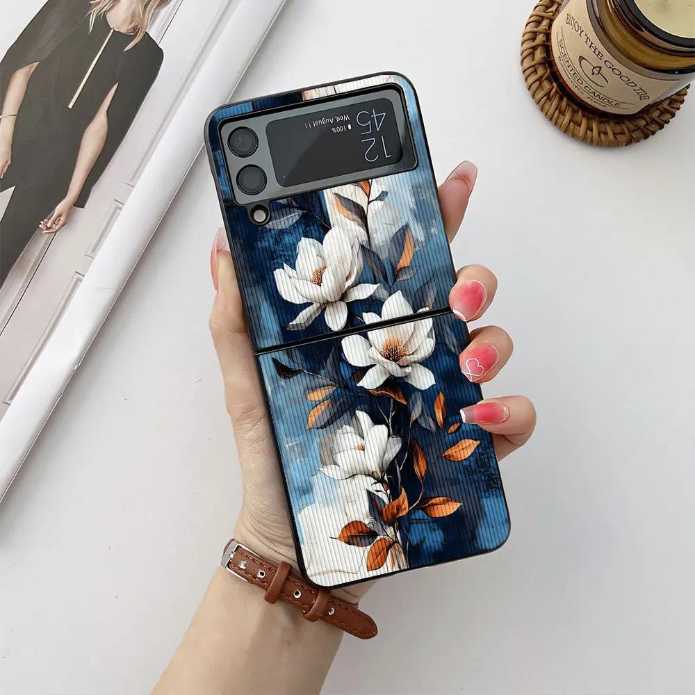 Case For Samsung Galaxy Z Flip 6 5 4 3 Phone Case Flower Butterfly Leather-Grain Shockproof Cover For Galaxy Z Flip6 Flip4 Flip5