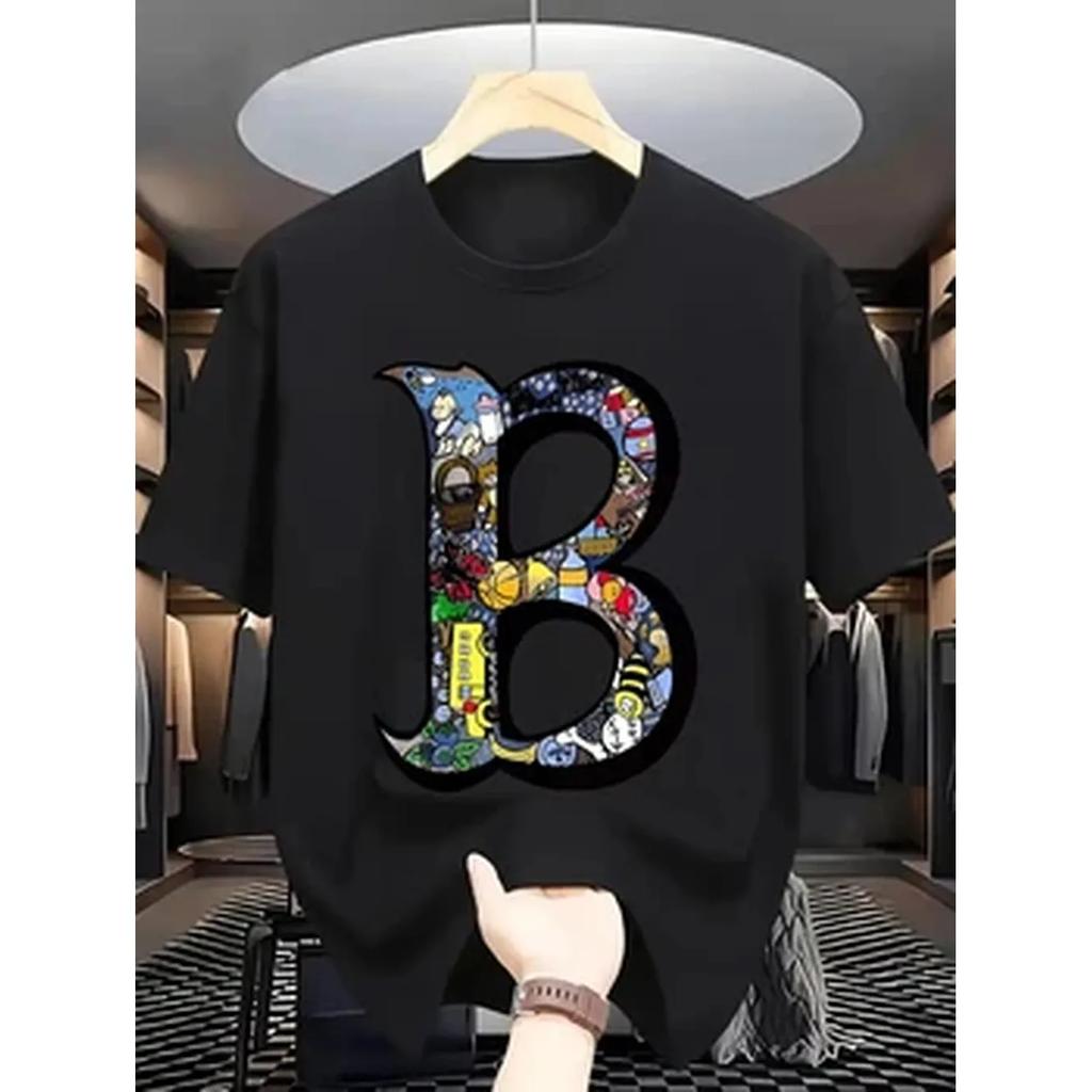 Summer Unisexs 100 Cotton Sports Casual Fashionable Loose Plus Size Creative Bletter Printed Round Neck Short Sleeved Tshirt Top