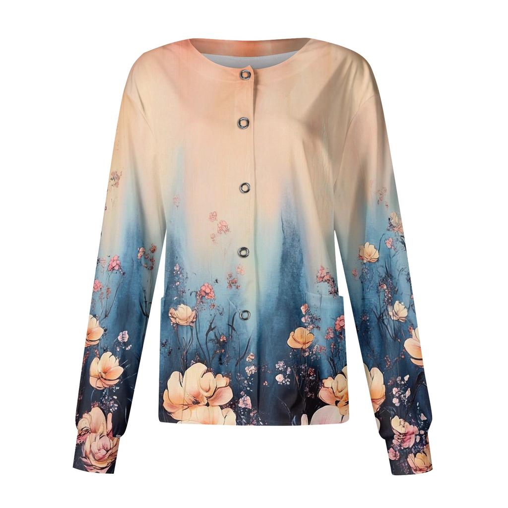 Women's Casual Long Sleeve Single Breasted Floral Print Caregiver Cardigan Top Lightweight Button Up Shirt for Daily Wear