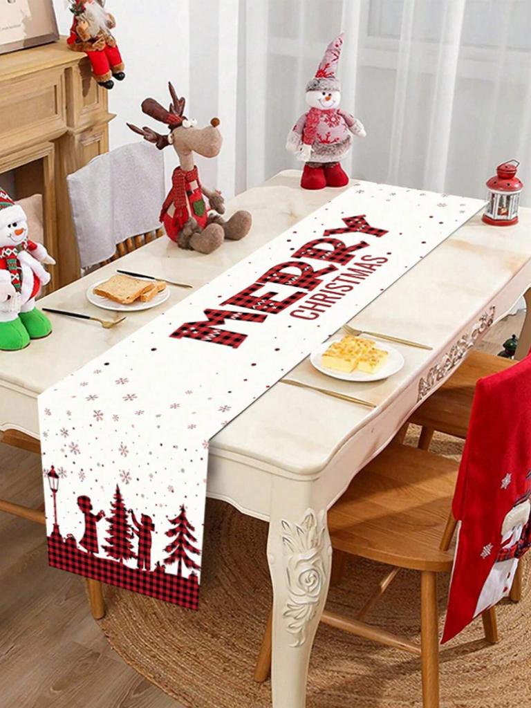 Christmas Table Runner, "Merry Christmas"Buffalo Plaid & Snowflake Print, Festive Table Decor for Xmas Dinner Party & Home Decor