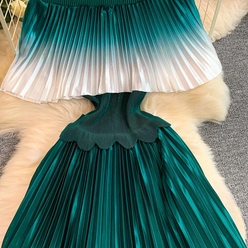 Elegant Gradient Shiny Pleated Dress Cape Shoulder Pearl Beads 3D Floral Applique Scalloped Waist Belt A Line Midi Dress