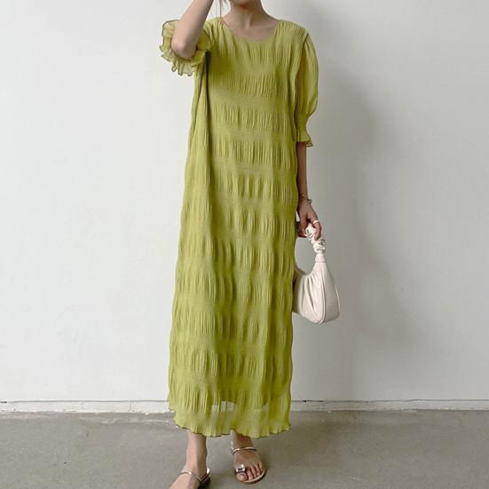 Lady Summer Dress Short Lantern Sleeves Chiffon Textured Loose Patchwork Ruffle Solid