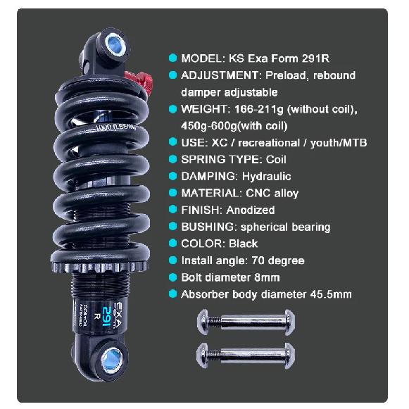 KS EXA Form Bike Rear Shock Absorber 291 Suspension Shocks Spring Durable MTB Bike E Scooter125 150 1000 1250 850 Lbs