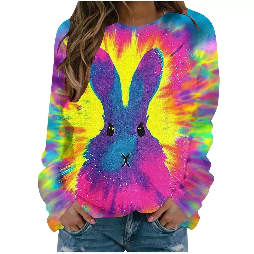Round Neck 3D Tie Dye Rabbit Printed Top Fashionable Casual Long Sleeved Women's T-shirts