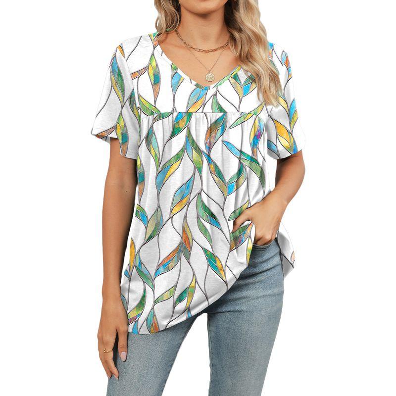 Short-Sleeve V-neck Short-Sleeve Top European and American Flower Short sleeve T-shirt Top Women