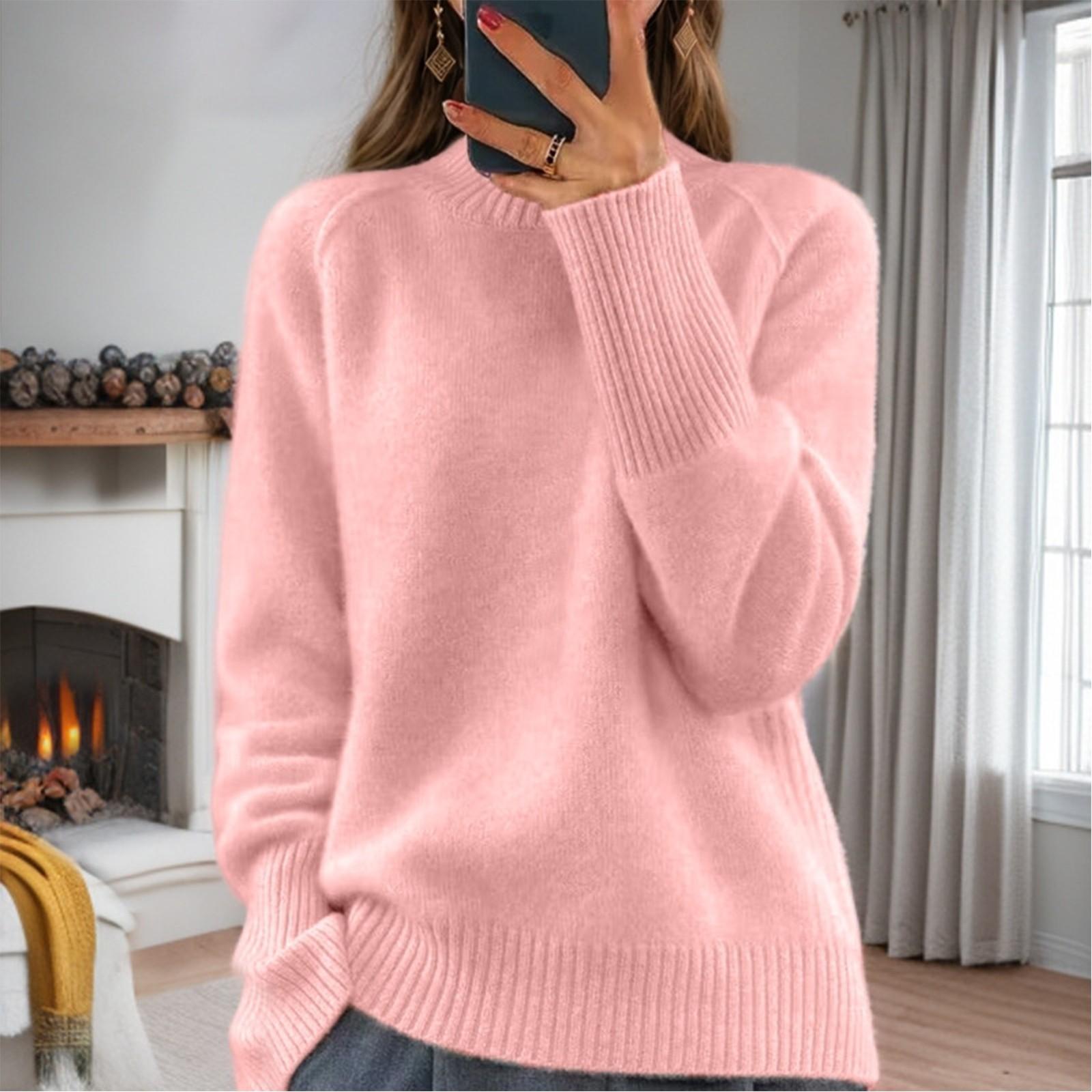 

Женский модный свитер с высоким воротом, однотонный трикотажный свитер, повседневный свитер L розовый