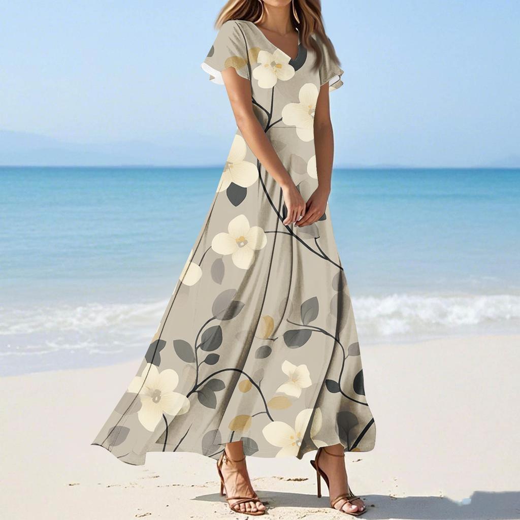 Damen Sommer Blumenmuster V-Ausschnitt Kurzarm Maxikleid Fließendes A-Linien Maxikleid Bohemian Urlaubs Strandkleid