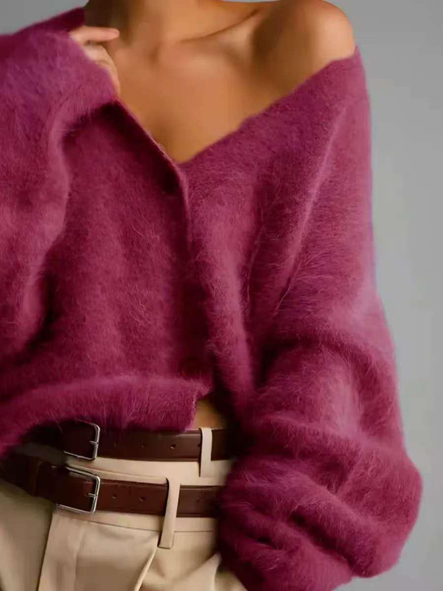 

Жіночий вільний трикотажний кардиган з V-подібним вирізом з норки - однотонний One Size темно-фіолетовий колір