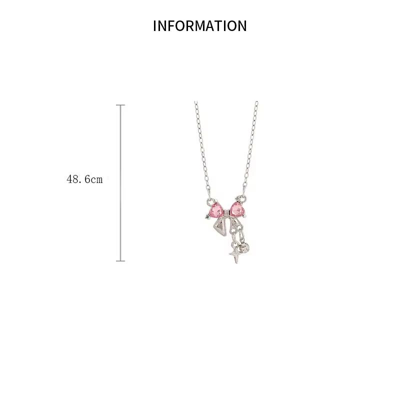 Sweet Pink Bow Necklace Ladies Fashion Sparkling Rhinestone Star Shape Pendant Clavicle Chain Delicate Wedding Accesories