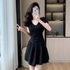 French Retro V-neck Bubble Sleeve Dress for Women's Summer New Pleated Waist and Thin A-shaped Short Skirt