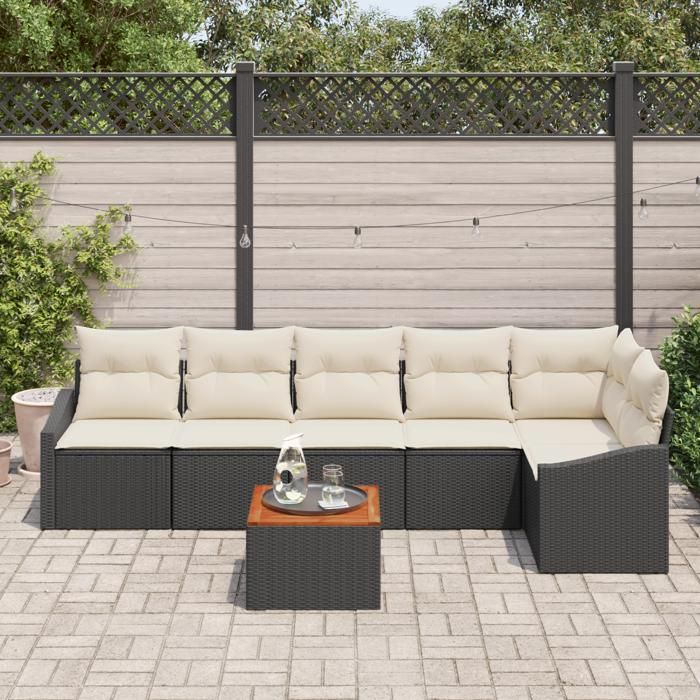 VidaXL Ensemble de Canapés de Jardin 7 Pièces avec Coussins Noir Poly Rattan Acacia 3356507
