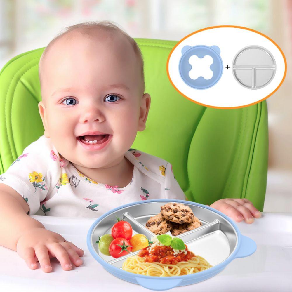 Bear Shape Suction Cup Dining Plate 304 Stainless Steel 3 Grids Kids Feeding Plate Drop-proof Anti-flip Sucker Children Dishes